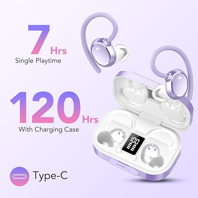 KT1 Wireless Earbuds V5.3 Bluetooth Earbuds 120Hrs Playtime, 4.7g Mini Size Painless Wear, IPX7 Waterproof, Deep Bass 2.0, Over-Ear Ear Buds Wireless Bluetooth Headphones for Sport Running(Purple)