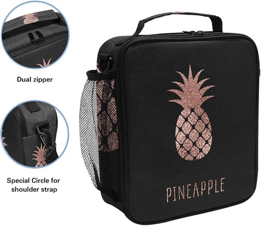 AUUXVA Lunch Box Bag, Rose Gold, Pineapple Pattern, Thermal Insulated, Adjustable Shoulder Strap, 10.5"H x 3.5"W x 9.5"L