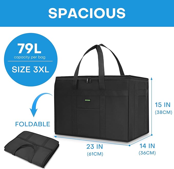 JUNGYOON Heavy-Duty Insulated Grocery Bags & Food Delivery Bag – Picnic Basket with Zippered Top | Reusable Shopping Bags for Groceries, Picnics, Easy Storage (XXXL Black)