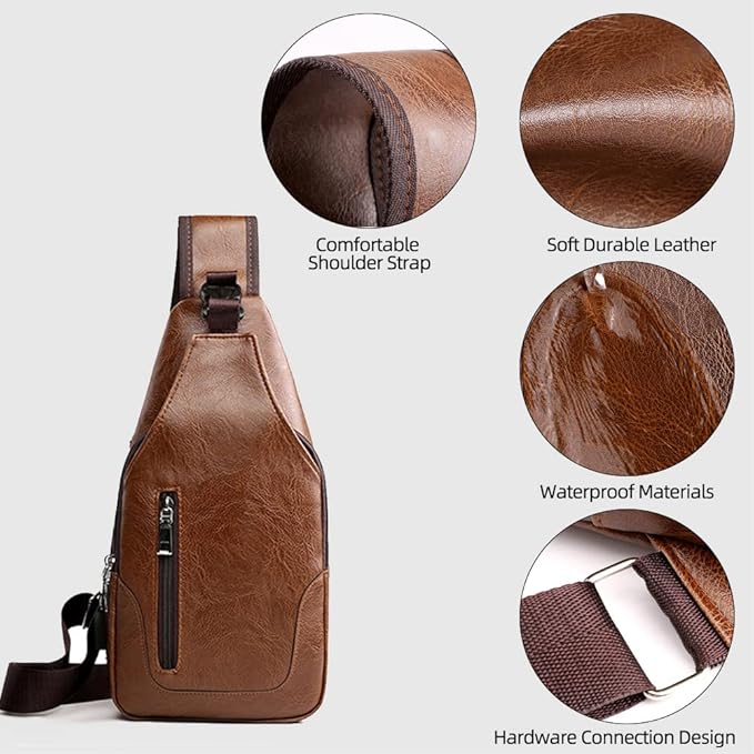 Peicees Leather Sling Bag Mens Crossbody Bag Chest Bag Sling Backpack for Men with USB Charge Port