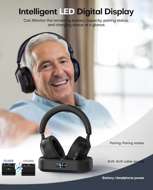 Ensemble-TV Wireless Headphones with LED Display, Bluetooth V5.3, No Lip-Sync Delay, Plug and Play, Gifts for Elderly (Black)