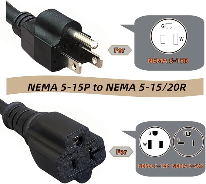1-Foot 15 Amp Household AC Plug to 20 Amp T Blade Adapter Cable，14AWG 1-Foot 15 Amp to 20 Amp Plug Adapter Cord Nema 5-15P to 5-15R/5-20R 20Amp Comb AC Power Cord, Black