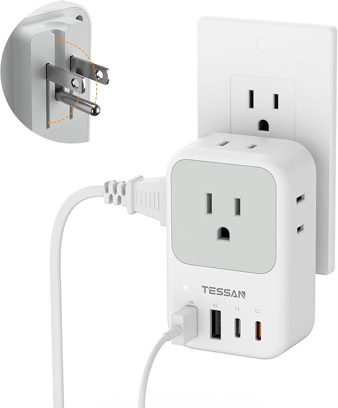 USB C Charger Block 20W, TESSAN PD Fast Charging Adapter with Foldable Plug, 1875W Power Outlet Extender (4 AC and 4 USB) for Cruise, Home, Office, Dorm