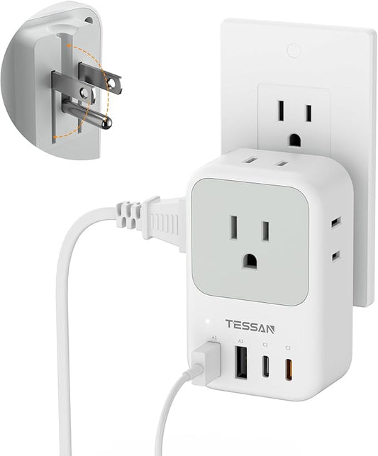 USB C Charger Block 20W, TESSAN PD Fast Charging Adapter with Foldable Plug, 1875W Power Outlet Extender (4 AC and 4 USB) for Cruise, Home, Office, Dorm