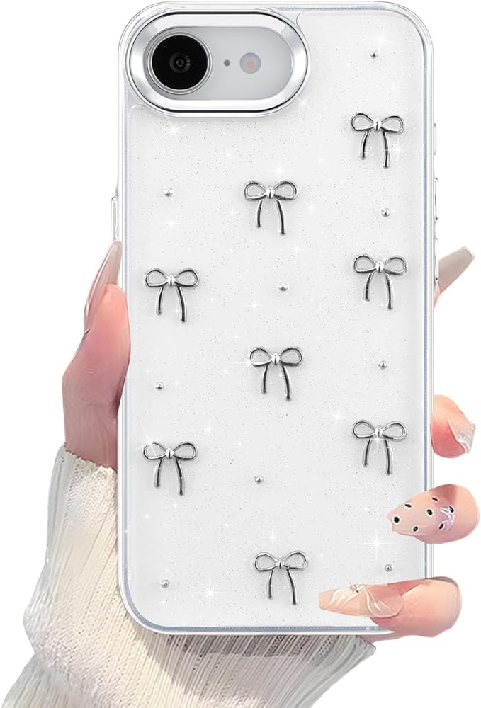 EYZUTAK Case for iPhone 16e, Bling Glitter 3D Bowknot Phone Case Cute Sparkly Crystal Clear Bow Aesthetic Design Cover Slim Soft Durable TPU Transparent Protective Cover for Women Girls - Bow