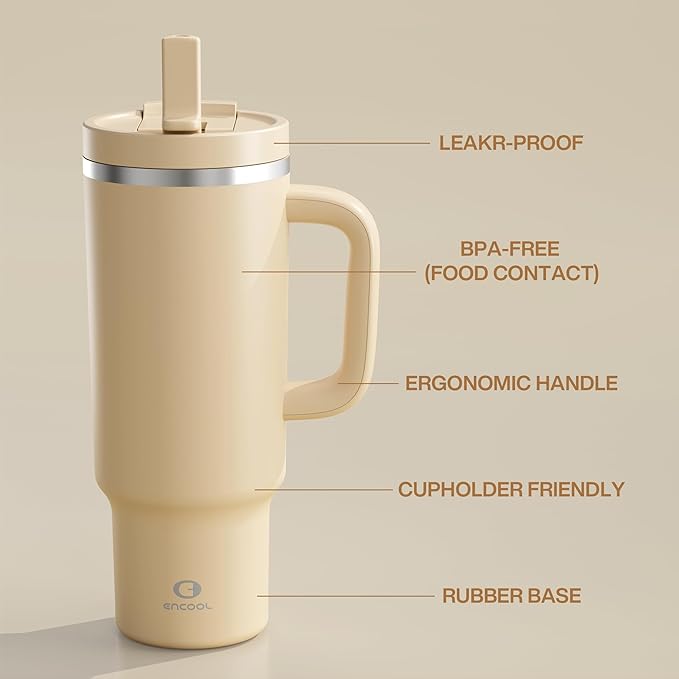 40 oz Tumbler with Handle and Straw: Stainless Steel Insulated Tumbler Keeps Cold for 24 Hours, Leakproof Travel Cup Fits in Cup Holder and BPA-Free, Indian Khaki