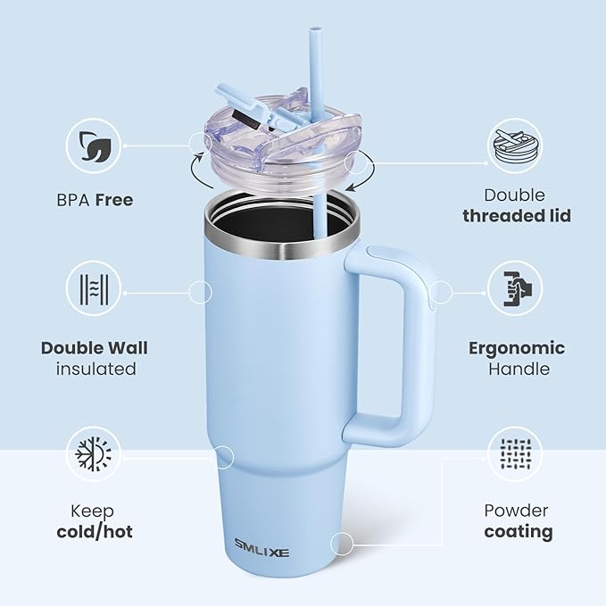 30 oz Tumbler with Handle, Tumbler with Lid and Straw, Double Wall Vacuum Insulated Travel Mug Stainless Steel Tumbler for Hot and Cold, Cupholder Friendly (Blue)
