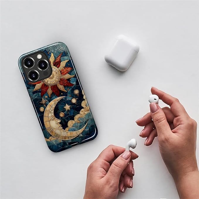 Case for iPhone 13 Pro Case,Sun Moon Stars Faux Stained Glass Design - Hybrid Dual Protection Silicone + Hard PC Shockproof Full Body Cover Slim Anti-Scratch Protective Case for Men Women