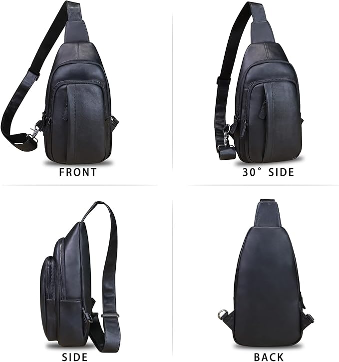 IVTG Genuine Leather Sling Bag Crossbody Casual Hiking Daypack Vintage Handmade Chest Shoulder Backpack Motorcycle Cycling Purses (Black)