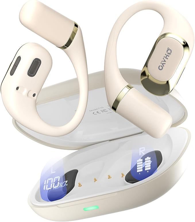 OHAYO Open Ear Headphones,Earbuds with Ergonomic Earhook,Bluetooth Headphones 5.4 with Smart Digital Display,40H Playtime,IPX6 Waterproof,Touch Control Earphones Fit Cycling,Running,Workout(Beige)