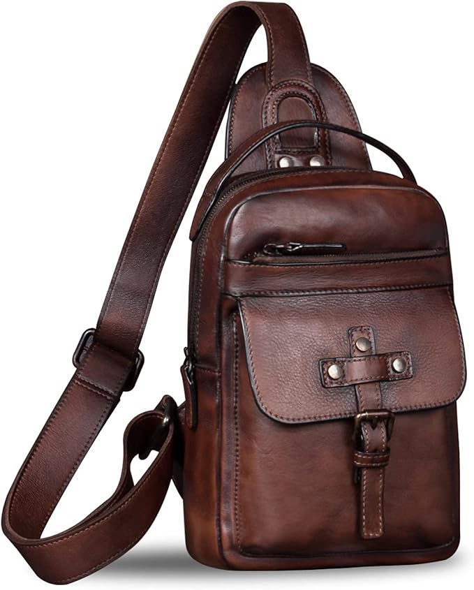 IVTG Genuine Leather Sling Bag Chest Shoulder Fanny Bag Hiking Backpack Vintage Handmade Crossbody Daypack