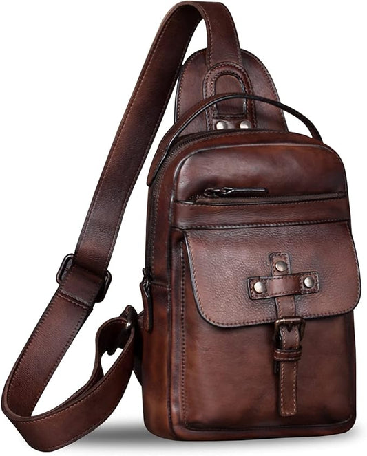 IVTG Genuine Leather Sling Bag Chest Shoulder Fanny Bag Hiking Backpack Vintage Handmade Crossbody Daypack