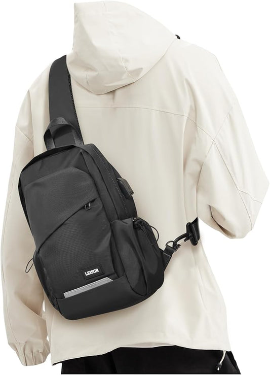 Black Crossbody Sling Backpacks Sling Bag for Men Women, Small Shoulder Backpack Motorcycle Chest Bags One Strap Backpack, Mini Chest Daypack for Casual Travel Hiking Gym Outdoor Sports