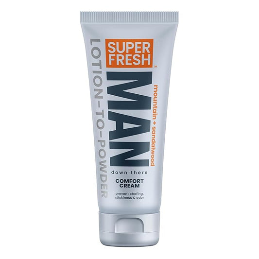 Super Fresh Ball Deodorant Powder Lotion Comfort Cream for Man Parts Groin Butt and Body Hygiene Controls Odor Stops Chafing and Itch Absorbs Sweat Aluminum Free Formula in 4 oz Tube