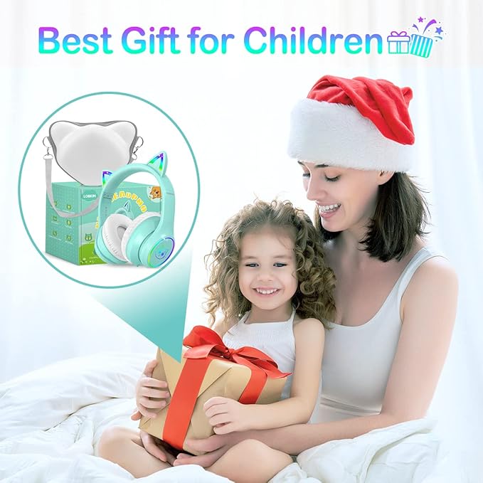 LOBKIN Bluetooth 5.4 Kids Headphones with Case - RGB LED Light Up Cat Ears Foldable Adjustable Over Ear Headphone Support Wireless or 3.5mm Wired Mode for Toddler & Girls & Boys Teens