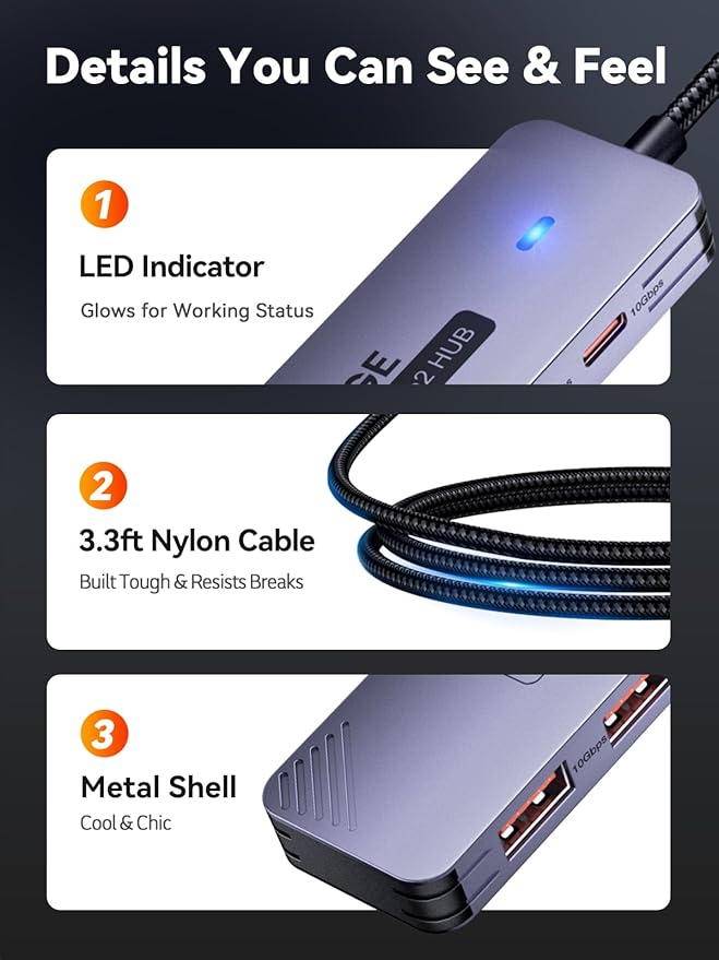 USB C Hub 10Gbps, USB 3.2 Gen 2 HUB with 2*USB-C & A, Type C Multiport Adapter for MacBook Pro/Air, Acer Aspire, HP Laptops, iPad Pro, iPhone 15/15 Pro Max and More, 100cm(3.3Ft) Long Cable