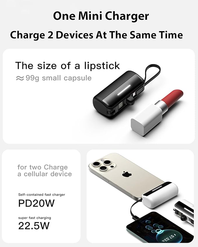 [2-Pack] Portable Charger Power Bank for iPhone,5500mAh USB C Battery Pack Travel Essentials Phone Charger Built in Cable & Foldable Stand,22.5W Fast Charging for iPhone 16/15/14,Samsung,Android