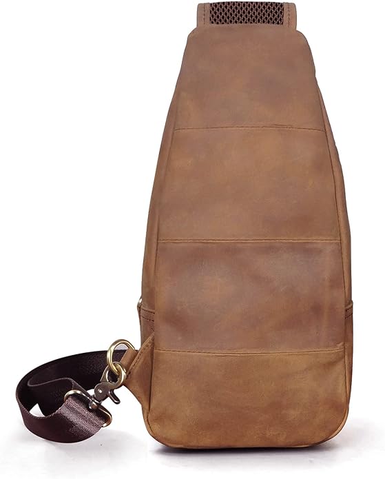 Le'aokuu Men Fashion Casual Tea Designer Travel Hiking Crossbody Chest Sling Bag Rig One Shoulder Strap Bag Men Leather 8015