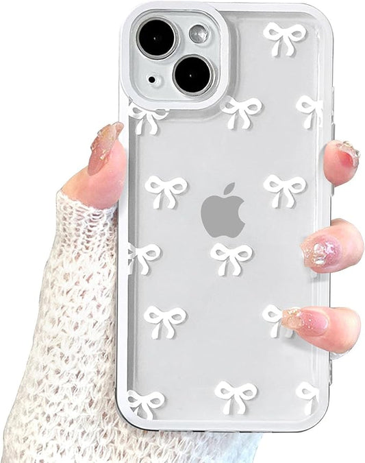 EYZUTAK Case for iPhone 15, Clear Cute Ribbon Bowknot Pattern Aesthetic Transparent Phone Case Raised Camera Protection Stylish Slim Soft Durable TPU Protective Cover for Women Girls - White
