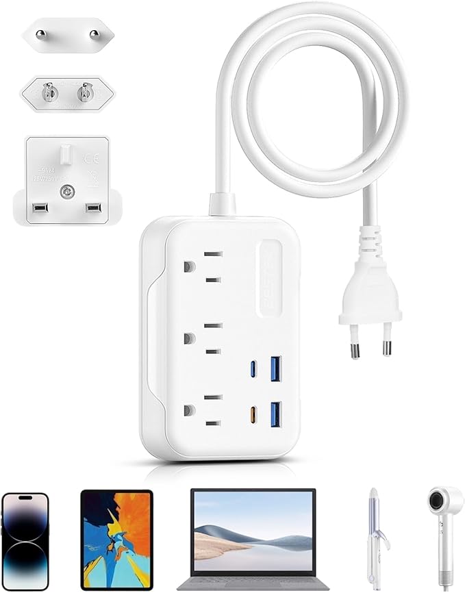 BESTEK European Travel Plug Adapter: UK Travel Plug Adapter- US to UK Europe Travel Power Strip with 20W USB C Charger - 3 AC Outlets, 4 USB Ports (White)