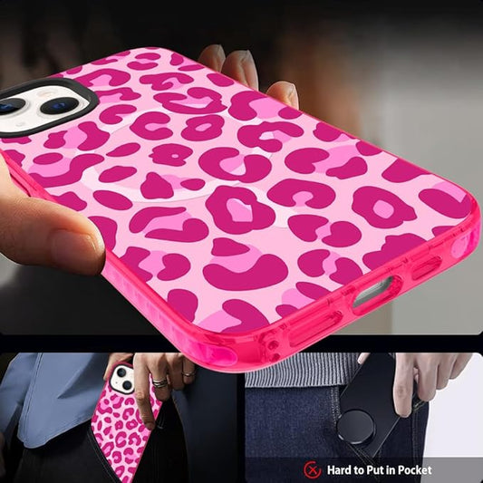 SAKUULO Magnetic for iPhone 15 Case Hot Pink Leopard Print Pattern [Compatible with MagSafe] Wireless Charge Strengthen Protection Cover, Hot Pink Leopard (6.1")