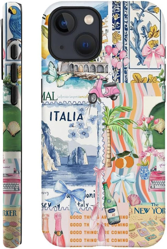 DAIZAG Case Compatible with iPhone 14,Fit Shockproof Cover for Women Girls,Bow Beach Landscape Collage Coastal