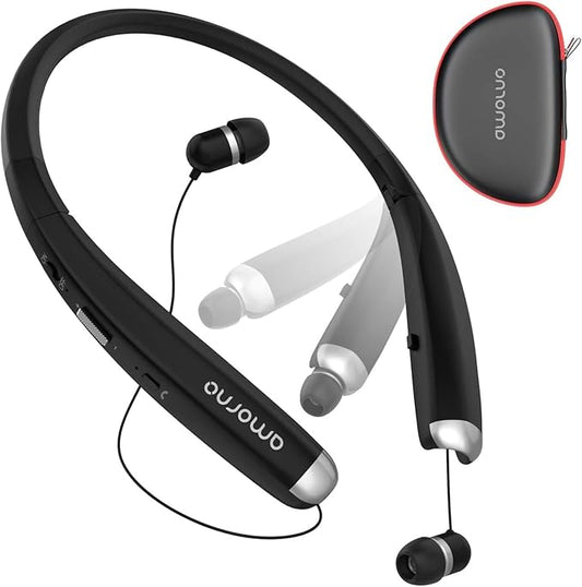 AMORNO Foldable Bluetooth Headphones, Wireless Neckband Sports Headset with Retractable Earbuds, Sweatproof Noise Cancelling Stereo Earphones with Mic
