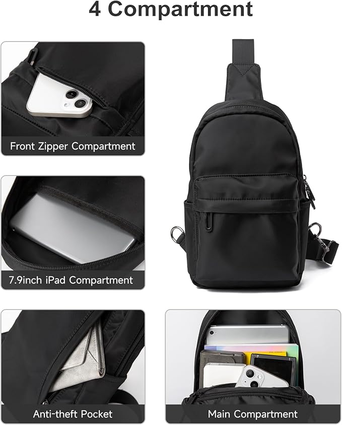 Sling Bag for Men Samll Crossbody Backpack 4.7L Black Anti theft Sling Bags Every Day Pack for Travel Hiking Daily Casual