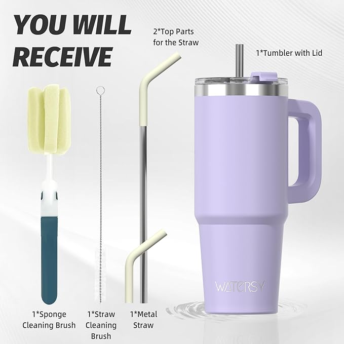 30 oz Tumbler with Handle,Tumbler with Lid and Straw,Double Wall Insulated Cup Stainless Steel Travel Mug(Cold for 34 Hours),Water Bottle for Iced Tea,Coffee,Cold Beverages(Purple)