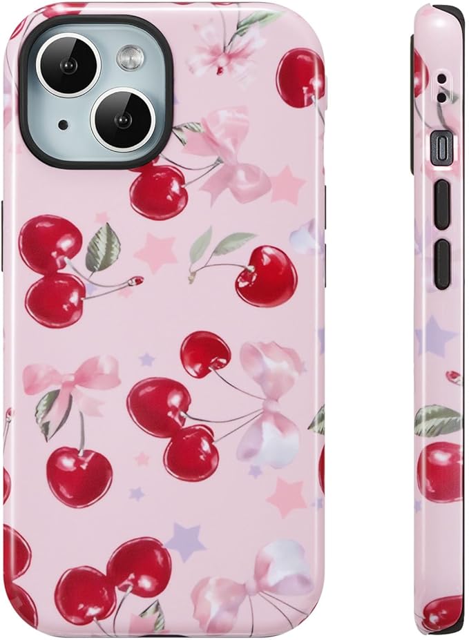 QLTYPRI Case for iPhone 13/14, Aesthetic Cute Pink Cherry Bow Phone Case for Girls Women, Protective Hybrid 2-Layer Hard Shell Silicone Cover Durable Shockproof Phone Cover - Pink