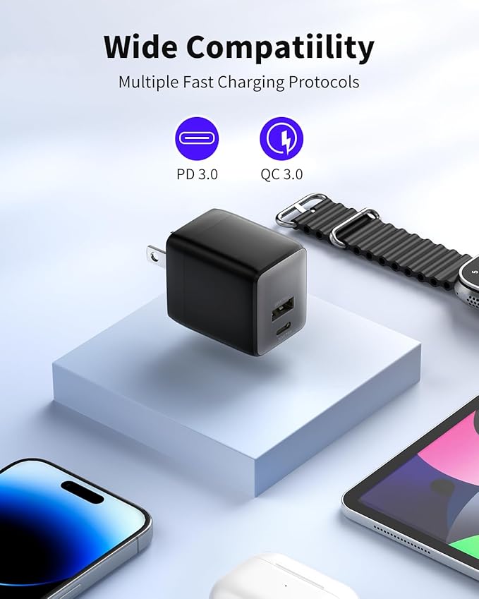 USB C Charger Block, 30W USB C Charger Fast Charging, Dual-Port Compact with Foldable Plug, Compatible with 16/16 Pro/15/15 Plus/15 Pro/15 Pro Max/14/13/12/11