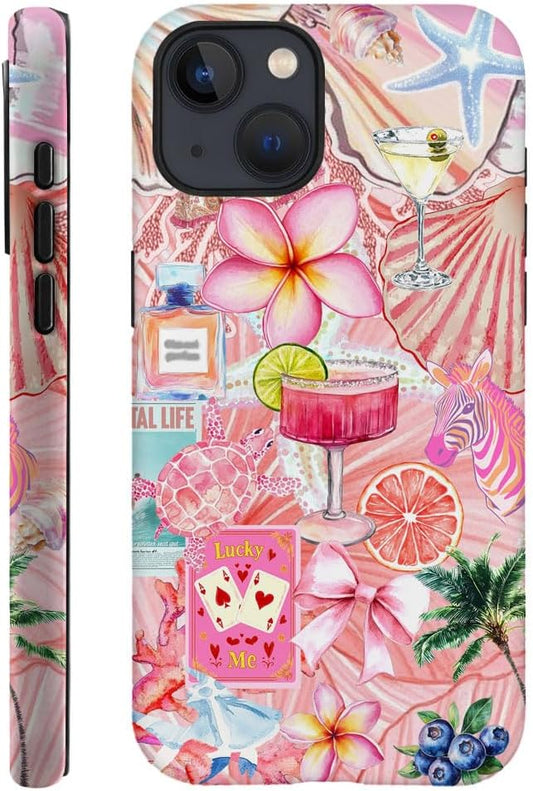 DAIZAG Case Compatible with iPhone 14 Plus,Fit Shockproof Cover for Women Girls,European Collage Lily Flower Seashell Pink