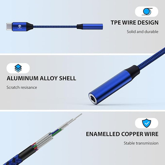 Stouchi USB C to 3.5mm Female Adapter, Type C Headphone Audio Jack Cable Cord Hi-Fi Dongle for Pixel 7 6a, Samsung Galaxy S22 S21 Ultra Z Flip Note20,2022 iPad Pro -Blue