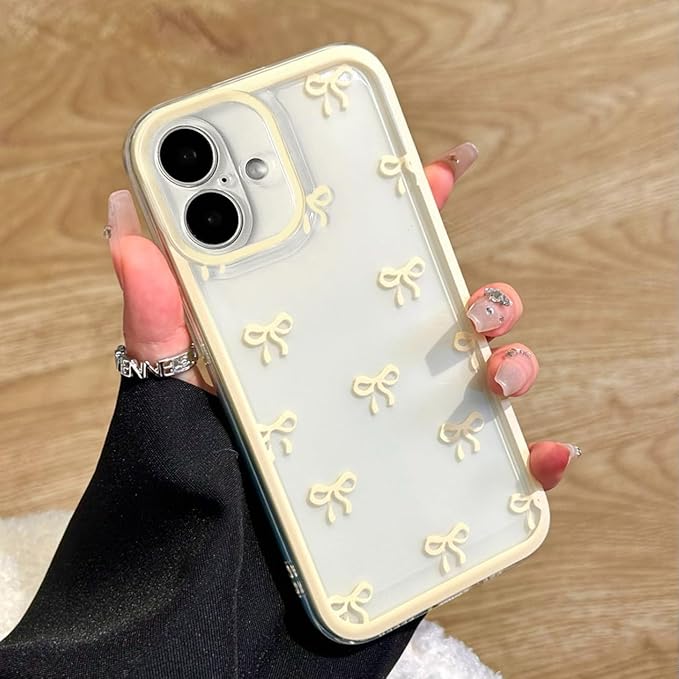 EYZUTAK Case for iPhone 16, Clear Cute Ribbon Bowknot Pattern Aesthetic Transparent Phone Case Raised Camera Protection Stylish Slim Soft Durable TPU Protective Cover for Women Girls - Yellow