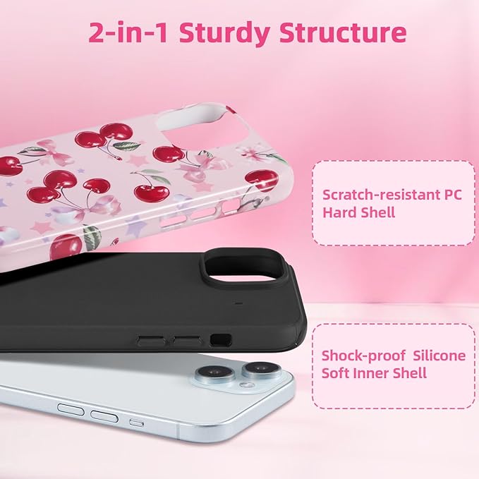 QLTYPRI Case for iPhone 13/14, Aesthetic Cute Pink Cherry Bow Phone Case for Girls Women, Protective Hybrid 2-Layer Hard Shell Silicone Cover Durable Shockproof Phone Cover - Pink