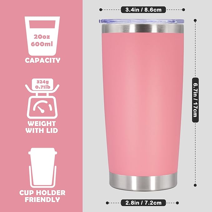 20oz Tumbler Stainless Steel Tumbler Cup with Lid Vacuum Insulated Double Wall Travel Mug, Durable Powder Coated Travel Coffee Tumbler Mug for Hot & Cold Drinks, Pink,4 Pack