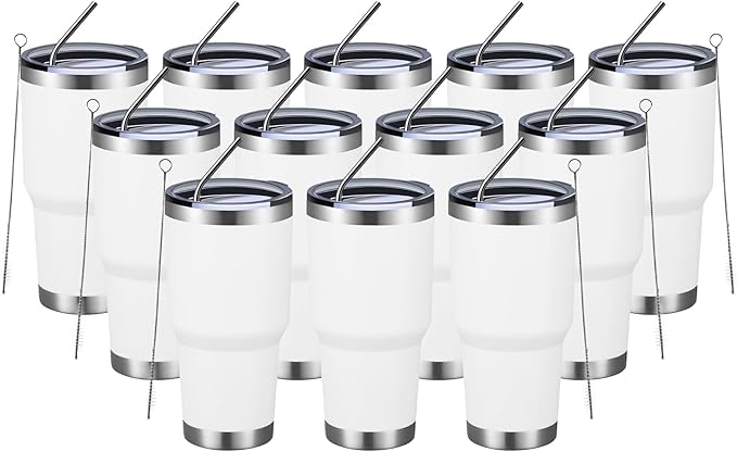 MEWAY 30oz Insulated Tumbler With Lids and Straws,Stainless Steel Double Vacuum Coffee Tumbler Cup, Brush, Durable Powder Coated Coffee Cup for Cold & Hot Drinks, Office, Travel(White,12 PACK)