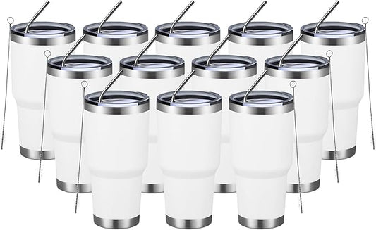 MEWAY 30oz Insulated Tumbler With Lids and Straws,Stainless Steel Double Vacuum Coffee Tumbler Cup, Brush, Durable Powder Coated Coffee Cup for Cold & Hot Drinks, Office, Travel(White,12 PACK)
