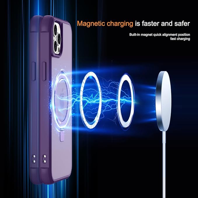 Magnetic Compatible with iPhone 12 Pro Max Case with Stand [Military Grade Drop Tested][Compatible with Magnet] Ring Translucent Slim Hard Back Soft Edge, Purple