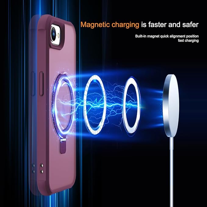 Compatible with iPhone 16E Case with Invisible Magnetic O-Ring Stand Military-Grade Translucent Case for iPhone 16E 6.1" 2025 [Compatible with Mag-Safe][Great Grip Feeling], Wine Red