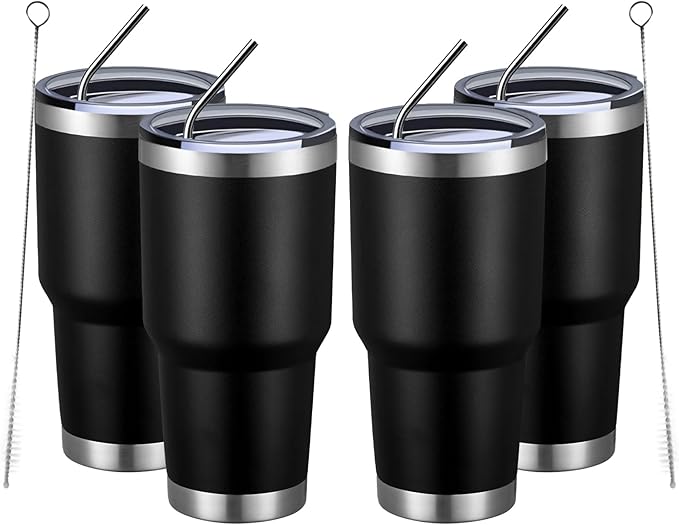 MEWAY 30oz Insulated Tumbler With Lids and Straws,Stainless Steel Double Vacuum Coffee Tumbler Cup, Brush, Durable Powder Coated Coffee Cup for Cold & Hot Drinks, Office, Travel(Black,4 PACK)