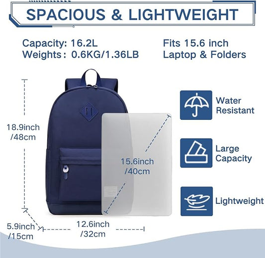 VASCHY Backpack for Men Women, Water-Resistant School Backpack Bookbag Daypack for Teens/College Students Plain Blue