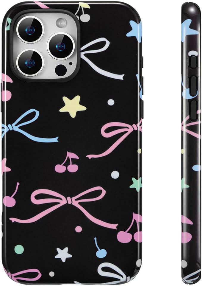 QLTYPRI Case for iPhone 16 Pro Max, Aesthetic Colorful Bow Cherry Stars Phone Case for Girls Women, Protective Hybrid 2-Layer Hard Shell Silicone Cover Durable Shockproof Phone Cover - Black