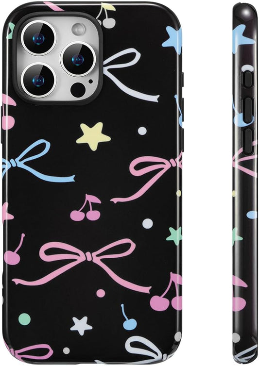 QLTYPRI Case for iPhone 16 Pro Max, Aesthetic Colorful Bow Cherry Stars Phone Case for Girls Women, Protective Hybrid 2-Layer Hard Shell Silicone Cover Durable Shockproof Phone Cover - Black