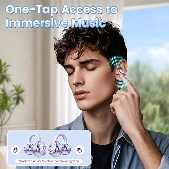 Clip on Earbuds Open Ear Wireless Bluetooth 5.4 Headphones with Mic,60H Play,Noise Cancelling,Waterproof,Sports Ear Buds,Comfortable for Small Ears & Glasses Wearers,Workouts (Purple)