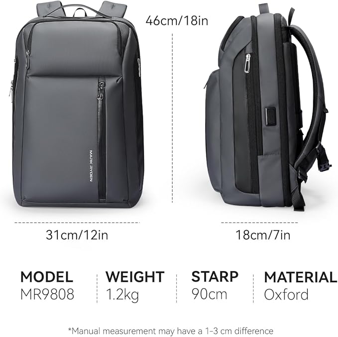 Muzee Business Backpack for Men, Travel Laptop Backpack Fits 15.6 Inch, Waterproof Expandable Bag 25L-35L, Grey Work Daypack with USB & USB-C Charging Ports, Anti-Theft Pocket, Luggage Strap