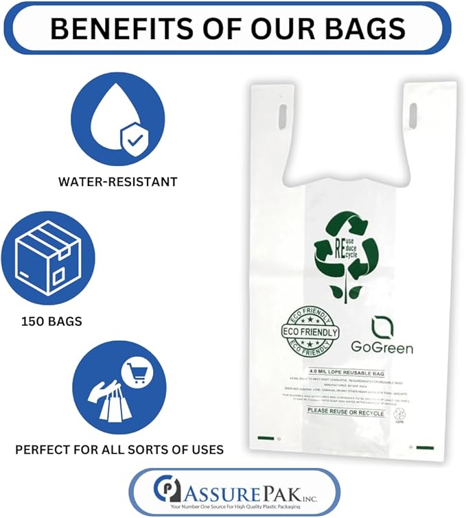 White Reusable/Eco-Friendly LDPE T-Shirt - 1/6 BBL 11.5"X6.5"X21" - 150 Bags - 101 Micron (4.0 mil) - White - WHLD4MREUSE1221