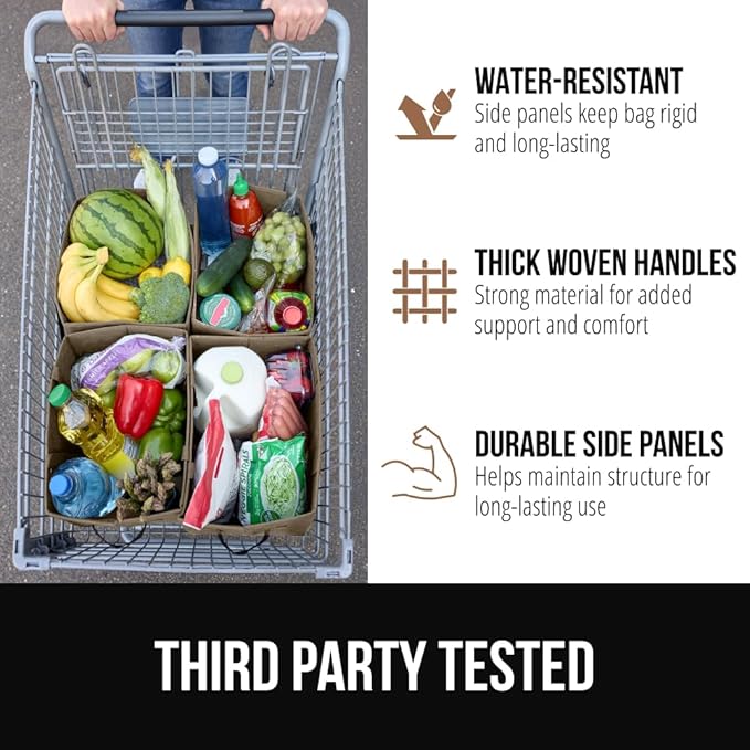 GORILLA GRIP Heavy Duty Foldable Reusable Grocery Bags, Tear Resistant Box Shape Shopping Tote with Reinforced Handles, Grip Feet, Easily Carry and Transport Groceries, 13x10x11, 1 Pack, Beige Black