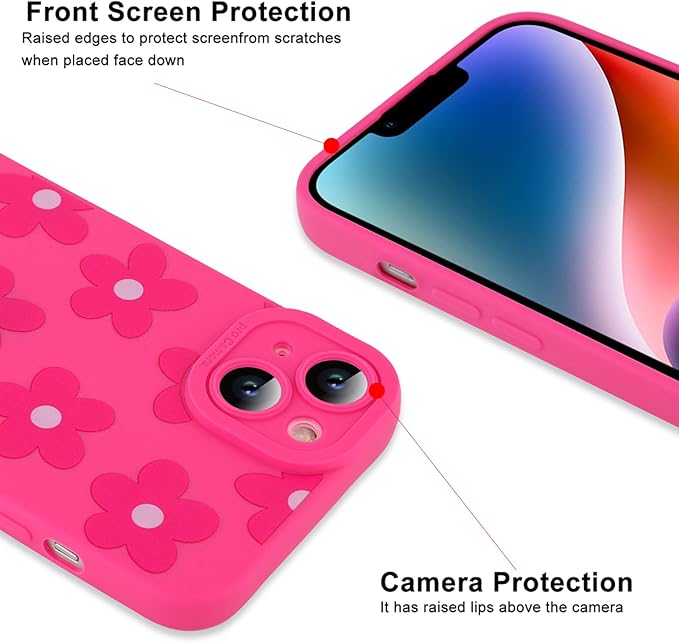ZIYE for iPhone 14 Plus Case Hot Pink Flower Pattern Phone Case with Camera Protection,Soft TPU Silicone Rubber Protective Cover Floral Design Cases Compatible with iPhone 14 Plus 6.7 Inch