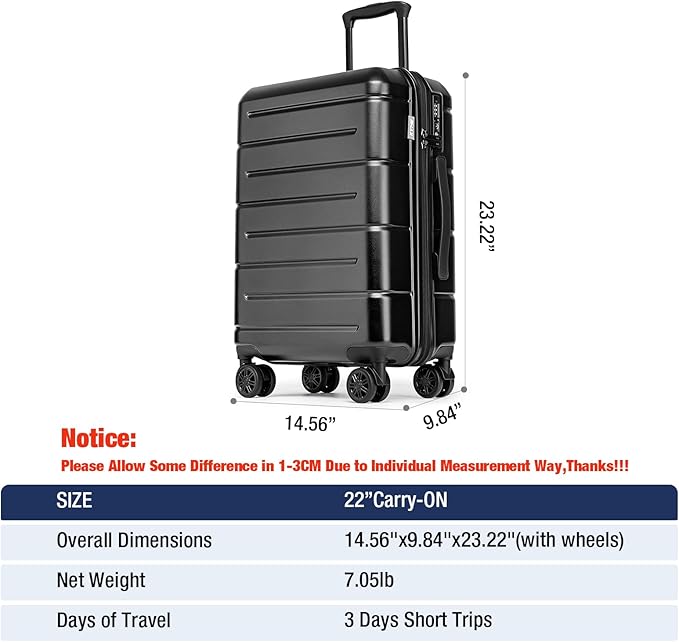 KYME Carry On Luggage 22x14x9 Airline Approved Hard Shell Carry On Suitcase with TSA Lock Hardside Suitcases with Wheels Travel Rolling 22 Inch Luggage with Cup Holder for Men Women Black
